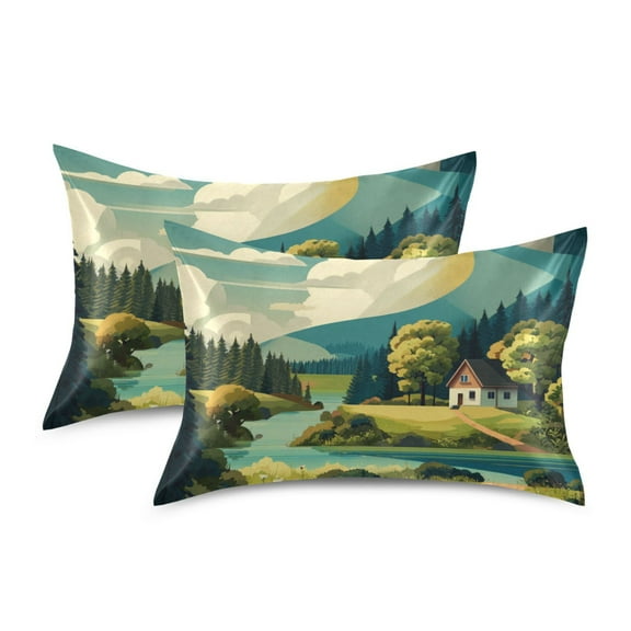 Silky Satin Standard Pillowcases For Hair And Skin House Mountains River