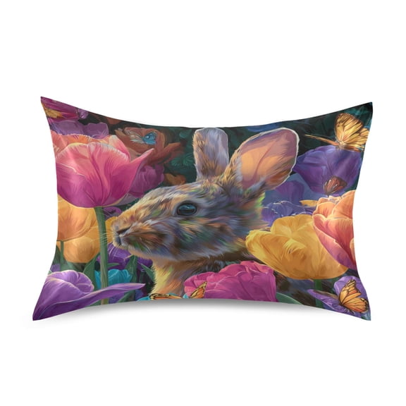 Satin Pillowcase Home Luxury Envelope Pillowcases Soft And Smooth Easter Bunny with Tulips & Butterflies