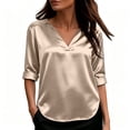 thumbnail image 1 of Silky Satin V Neck Blouse for Women Roll Cuffed 3/4 Sleeve Loose Tunic Shirts Business Casual Tops Lightweight Summer Trendy Outfits Beige, 1 of 6