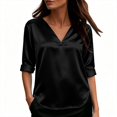 thumbnail image 1 of Silky Satin V Neck Blouse for Women Roll Cuffed 3/4 Sleeve Loose Tunic Shirts Business Casual Tops Lightweight Summer Trendy Outfits Black, 1 of 7