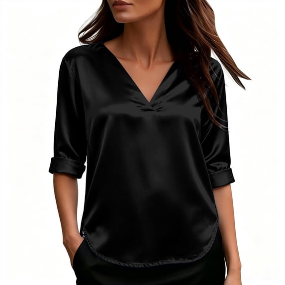 Silky Satin V Neck Blouse for Women Roll Cuffed 3/4 Sleeve Loose Tunic Shirts Business Casual Tops Lightweight Summer Trendy Outfits Black