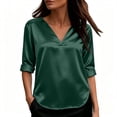 thumbnail image 1 of Silky Satin V Neck Blouse for Women Roll Cuffed 3/4 Sleeve Loose Tunic Shirts Business Casual Tops Lightweight Summer Trendy Outfits Green, 1 of 6