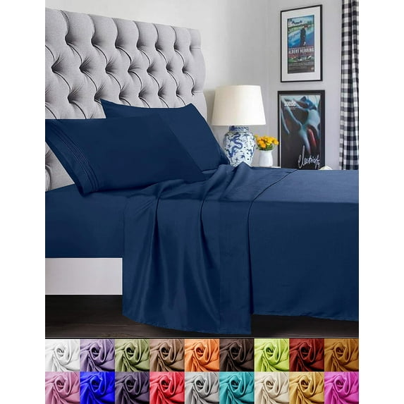 Silky-Soft 1800 Series-Wrinkle-Free 6-Piece Bed Sheet Set, Deep Pocket up to 16 inch - King Navy Blue