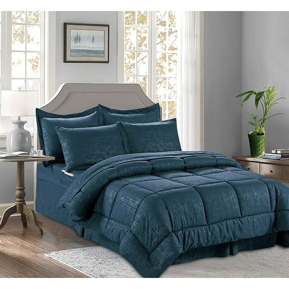 Silky Soft Bamboo Design Bed in a Bag 8 Piece Comforter Set HypoAllergenic King Navy Blue