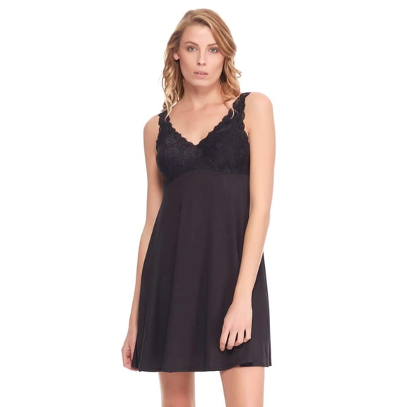 Silky Soft Chemise w/ Lace by Unique Moments (Black, Small)