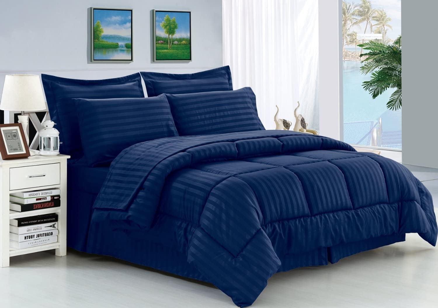 Blue And Pink Stripe Navy Blue Comforter Set With Bag, Comforter, And Sheets  Queen And King Size From Hu10, $33