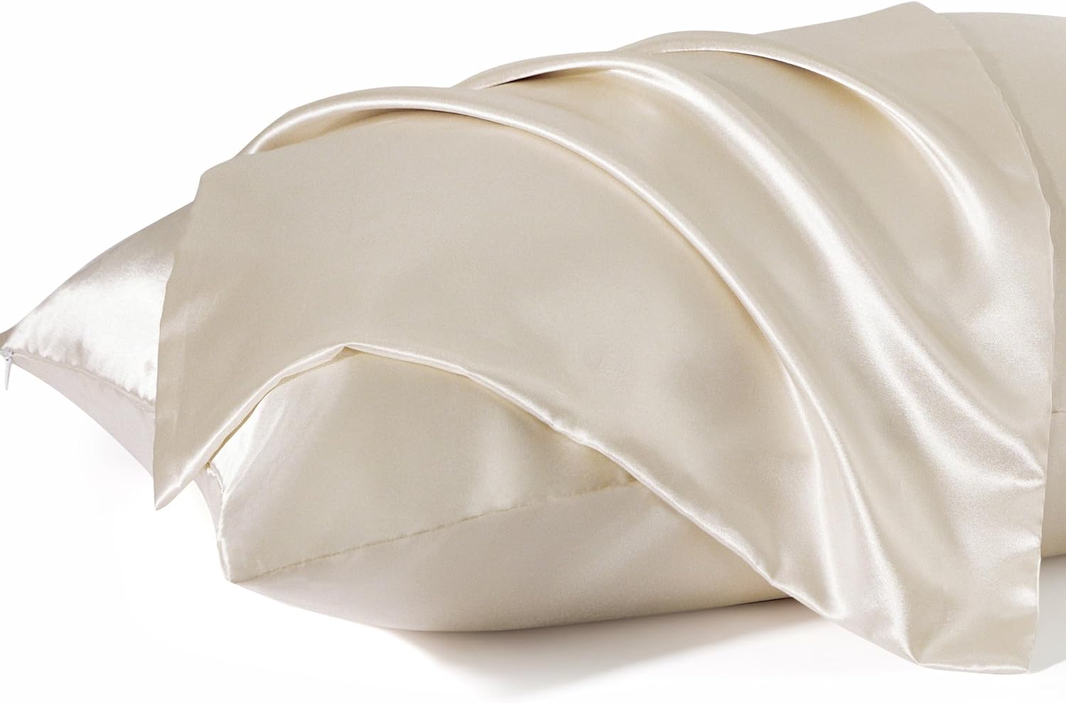 Silky Soft Satin Pillowcase for Hair Beige, Standard Size, 2 Pack with Zipper Gentle on Skin