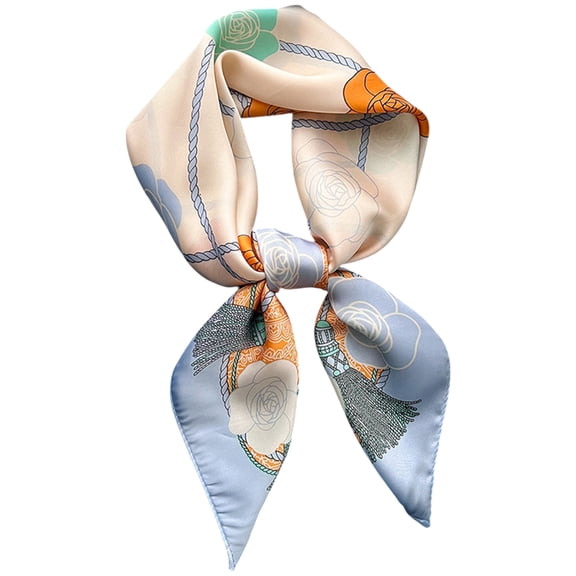 Silky Square Scarf with Floral and Rope Print for Neck Hair or Bag Styling - Blue
