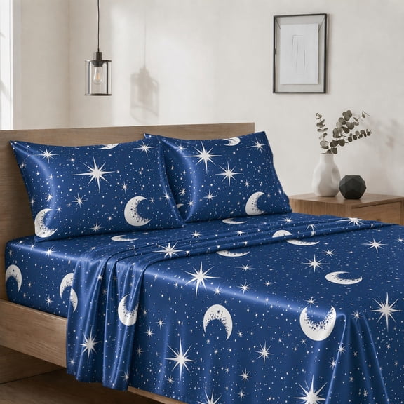 Silky Star & Moon Printed Bed Sheet Fitted Sheet 3/4‑Piece Set, Soft Smooth Breathable All‑Season Bedding, Durable Stitched Edges, Fits Multiple Depth Mattresses, Machine Washable