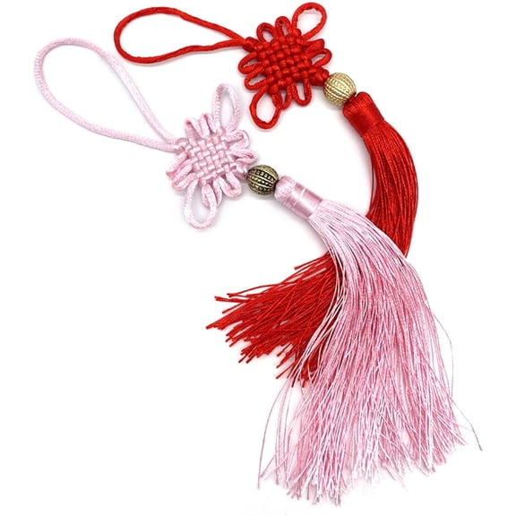 Silky Tassels with Chinese Knot  2-inch Cord Loop for Jewelry Making, Keyrings, Craft Projects, Lucky Charm Pendants & DIY Accessories(RL Red+Pink 1 Pair)