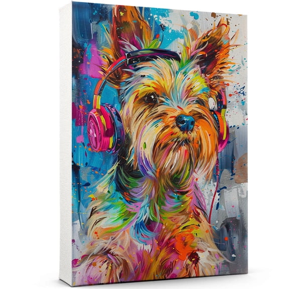 Silky Terrier Headphone Wall Art Dog Wall Poster, Silky Terrier Canvas Art Wall Art, Dog Wallpaper for Teen Boys Bedroom Living Bathroom