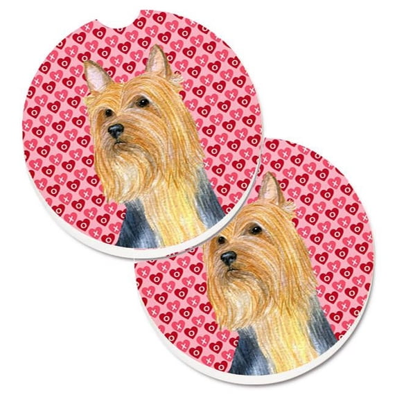 Silky Terrier Hearts Love & Valentines Day Portrait Set of 2 Cup Holder Car Coaster