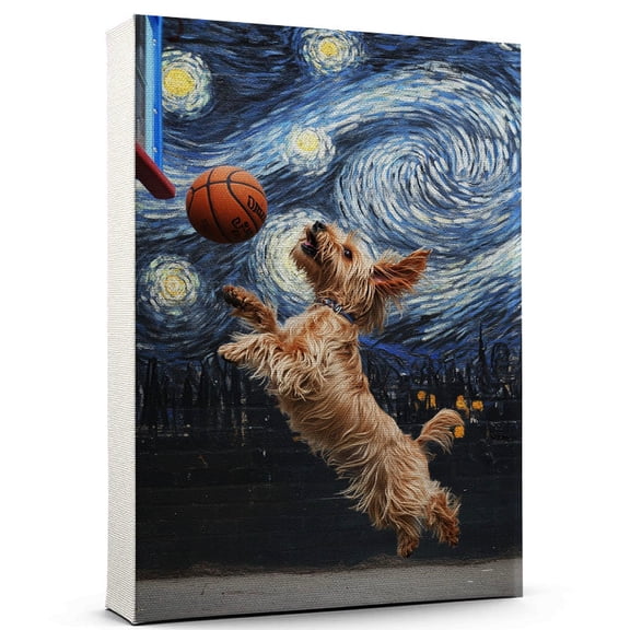 Silky Terrier Vintage Dog Basketball Canvas – Artistic Sports, Silky Terrier Dog with Basketball Stretched Canvas Size 8x12 Wall Print for Bedroom, Living Room, Office
