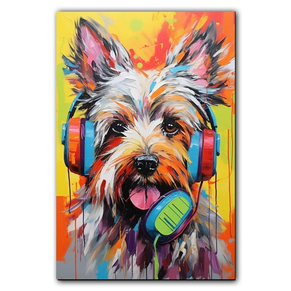 Silky Terrier Wall Art - Funny Dog Canvas Canvas for Kids' Room 11x17inch - Colorful Puppy with Earphone Pictures Framed Ready to Hang