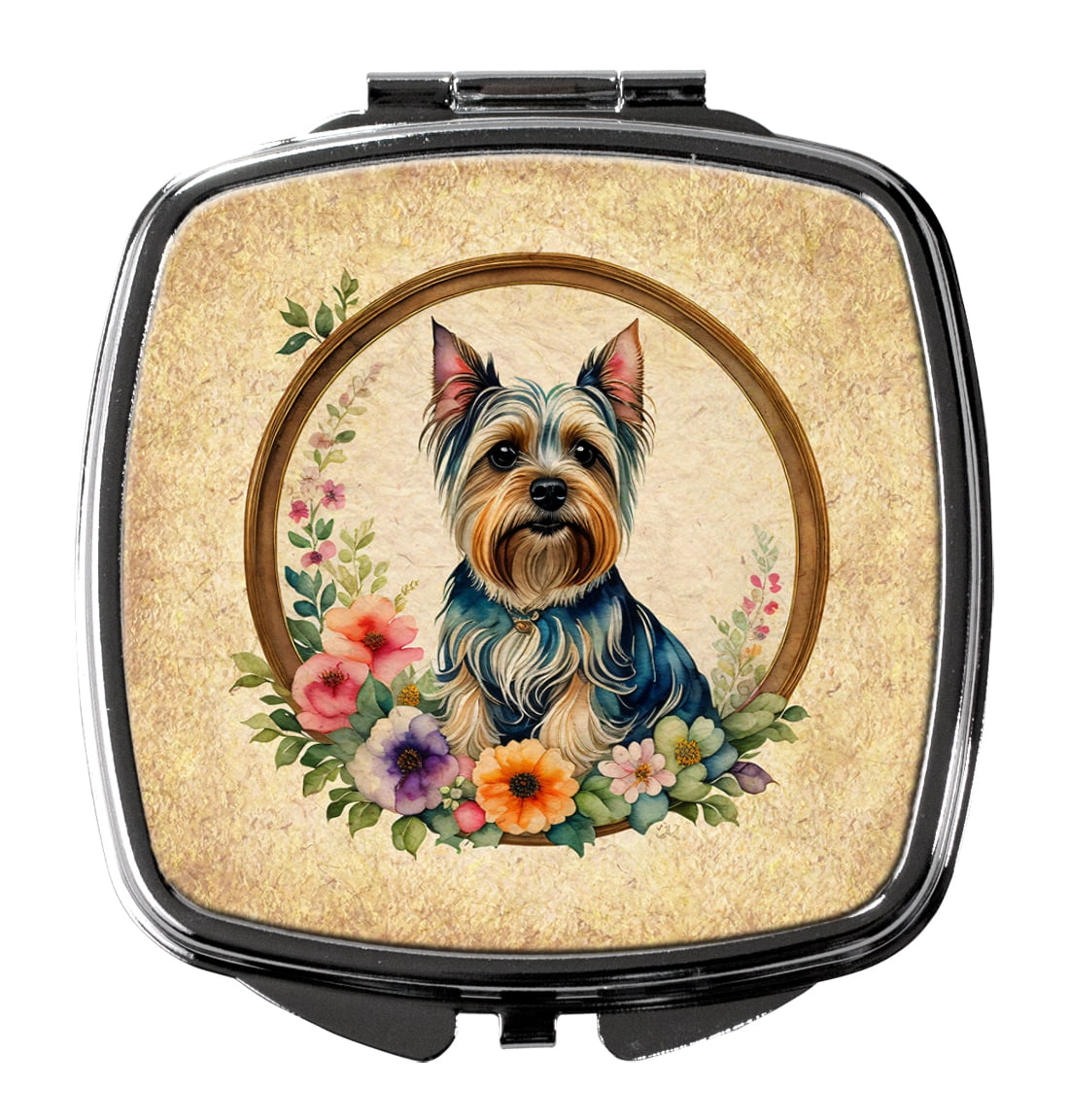 Silky Terrier and Flowers Compact Mirror 2.75 in x 3 in