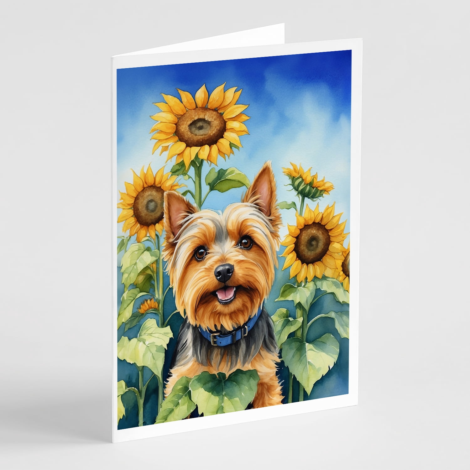Silky Terrier in Sunflowers Greeting Cards Pack of 8 7 in x 5 in