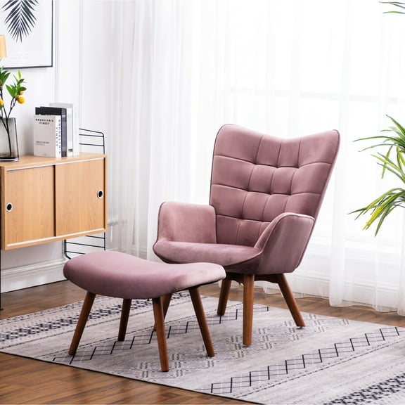 Silky Velvet Chair And , Mauve - Comfortable Upholstery, Solid Rubber Wood Frame, Diamond Button Tufting, Welt Trim, 29.49"wx33"dx37"h Chair, 25.6"wx17"dx16.5"h Contemporary With Elegant Fabric,