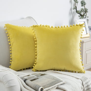Silky Velvet Series Pom Pom Decorative Throw Pillow Covers, 22" x 22", Yellow, Set of 2
