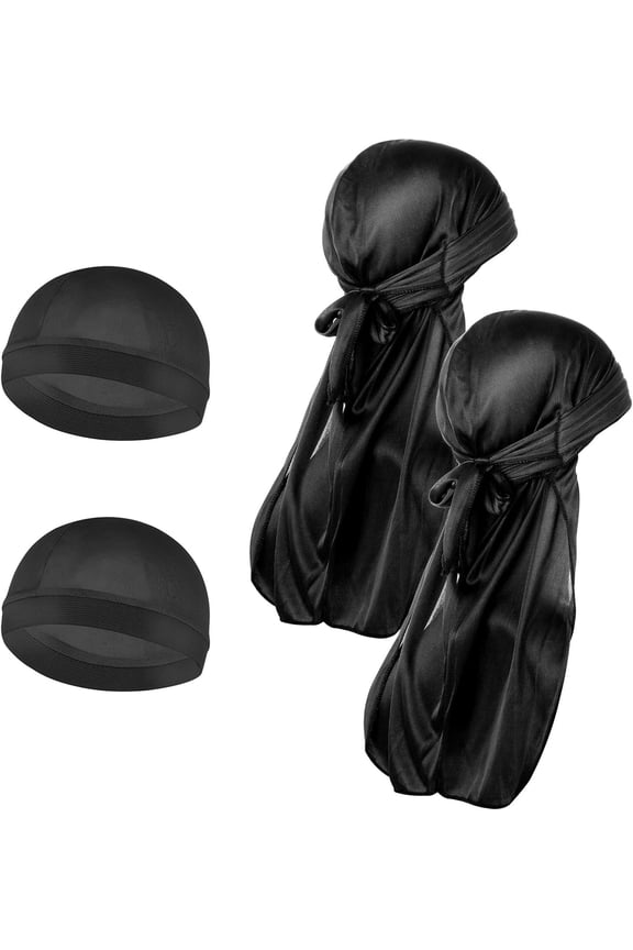 Silky Wave Caps 4 Pcs Satin Hats Wide Strap Headwraps Unisex Turban Soft Bonnet Long Tail Head Wraps Smooth Head Scarf Elastic Hairband Breathable Headwear Fit Sleeping, Party (Black)