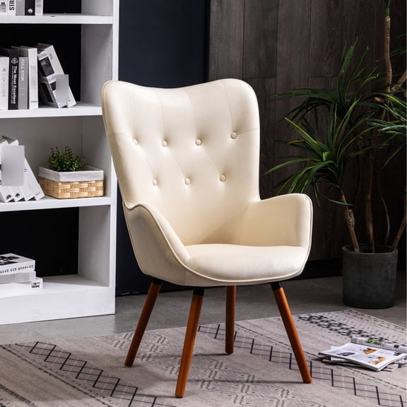 Silky White Button Back Accent Chair / Comfortable for Long Sitting