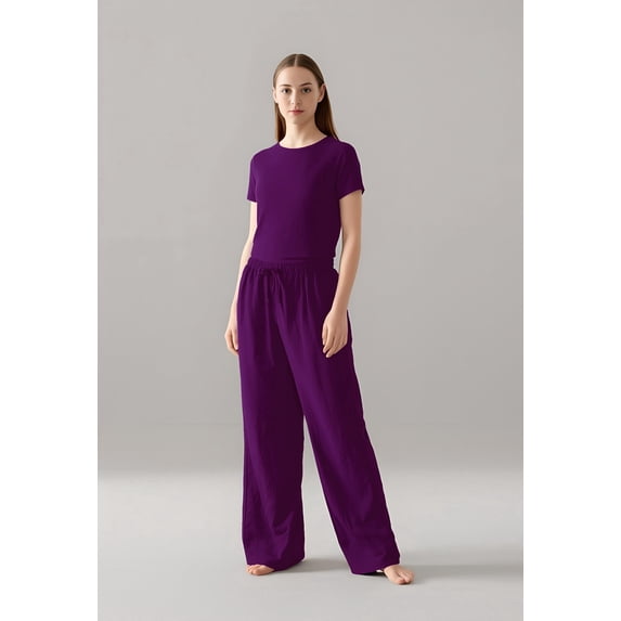 Cherryloom Women’s Two-Piece Pajama Set – Fitted Crewneck Tee & Drawstring Wide-Leg Pants, Soft Cotton-Modal Blend (Berry)