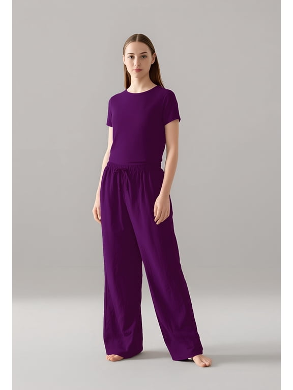 Women’s Two-Piece Pajama Set – Fitted Crewneck Tee & Drawstring Wide-Leg Pants, Soft Cotton-Modal Blend (Berry)