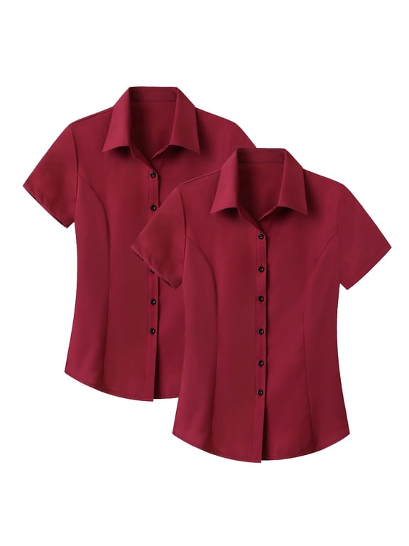 2Pc Basic Collared Shirts for Women Short Sleeve Button Down Business Casual Work Office Blouses Slim Fit Wrinkle Free Tops Plain Dressy Casual Work Office Basic Summer Tops T M