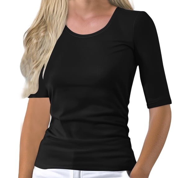 Sillenn Basic T Shirts Half Sleeve Tee Shirts Crewneck Basic Fit Tee Basic Layering Top Mid Arm Length Shirts Women Basic Solid Color Stretchy Top Trendy Casual Blouses Slim Fitted Tops Black 3Xl