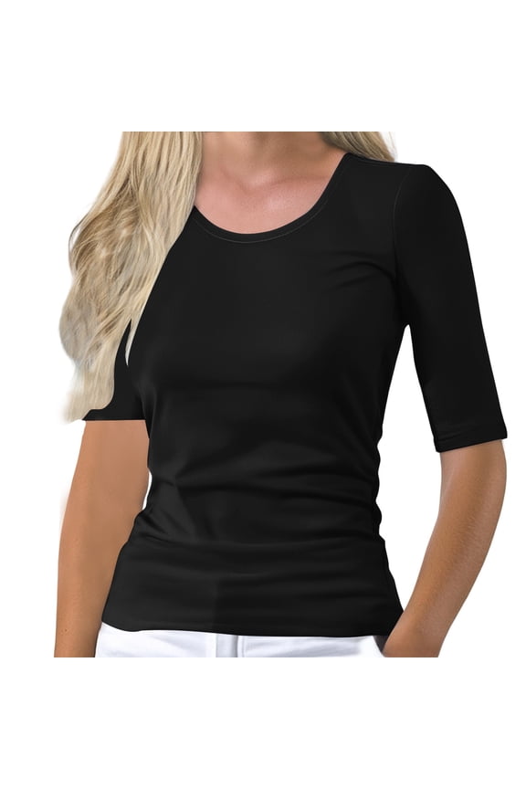 Basic T Shirts Half Sleeve Tee Shirts Crewneck Basic Fit Tee Basic Layering Top Mid Arm Length Shirts Women Basic Solid Color Stretchy Top Trendy Casual Blouses Slim Fitted Tops Black 3Xl