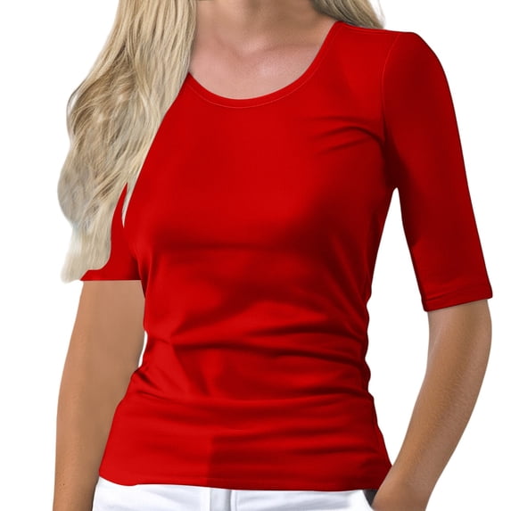 Sillenn Basic T Shirts Half Sleeve Tee Shirts Round Neck Slim Fitted Tops Casual Fitted Tee Going Out Tops Basic Fit Tee Basic Solid Color Stretchy Top 1/2 Sleeve Tops for Women Red L