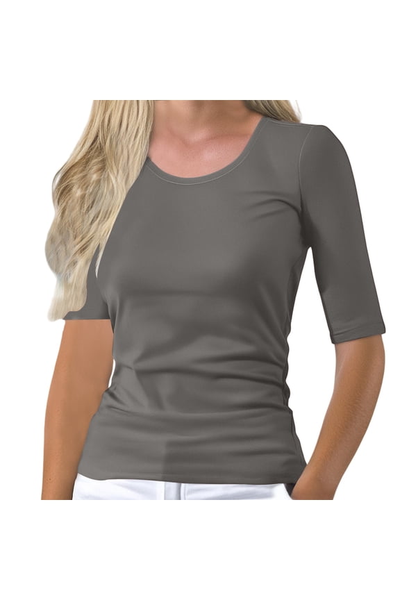 Basic T Shirts Half Sleeve Tee Shirts Round Neck Slim Fitted Tops Cute Summer Shirts Tight Casual Basic Tees Basic Fit Tee Trendy Casual Blouses Mid Arm Length Shirts Women Grey 3Xl