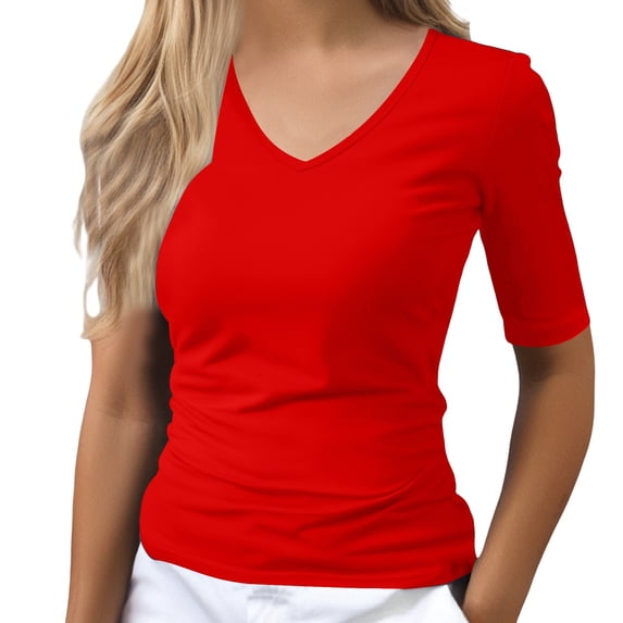 Sillenn Basic T Shirts Half Sleeve Tee Shirts V Neck Base Layer Trendy Casual Blouses Mid Arm Length Shirts Women Cute Summer Shirts Basic Solid Color Stretchy Top Soft Casual Tee Red L