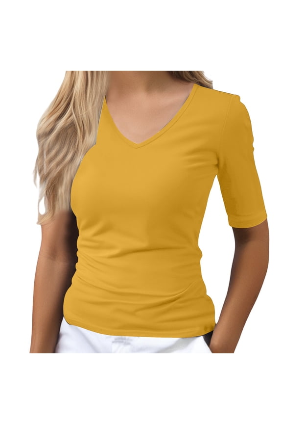 Basic T Shirts Half Sleeve Tee Shirts V Neck Round Neck Fitted Top Tight Casual Basic Tees Soft Casual Tee Base Layer Casual Fitted Tee Mid Arm Length Shirts Women Basic T-Shirts Yellow Xl