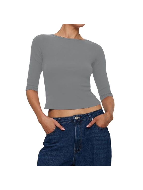 Boat Neck 3/4 Length Sleeve Crop Top Slim Fitted Basic Cropped Tee Shirts Soft Stretchy Casual Fitted 3/4 Sleeve T Shirt for Women Trendy Slim Fit Shirts Basic Going Out Tops Grey L