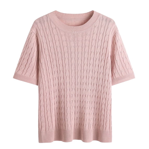 Sillenn Cable Knit Short Sleeve Sweaters for Women Plus Size Lightweight Soft Knit Crewneck Pullover Shirts Layering Cute Tops Trendy Business Causal Work Office Outfits Fall Travel Clothes Pink Xxl