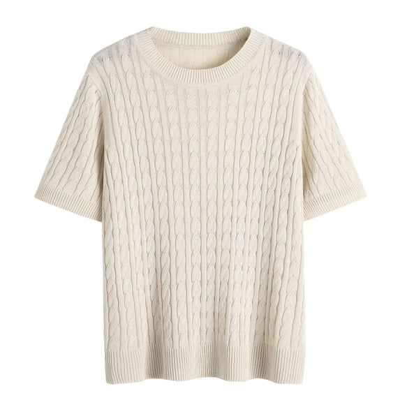 Sillenn Cable Knit Short Sleeve Sweaters for Women Plus Size Lightweight Soft Knit Crewneck Pullover Shirts Layering Cute Tops Trendy Business Causal Work Office Outfits Fall Travel Clothes Beige M