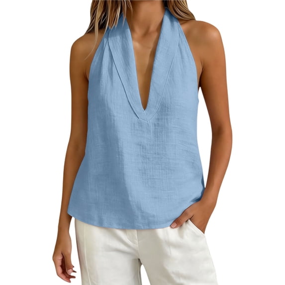 Sillenn Deep V Neck Halter Sleeveless Tank Shirts Cotton Linen Loose Fit Back Tie Flowy Halter Tank Tops Summer Casual Beach Vacation Boho Camisole Tops Flowy Cute Cotton Linen Blouses Light Blue S