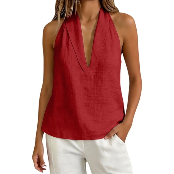Sillenn Deep V Neck Halter Sleeveless Tank Shirts Cotton Linen Loose Fit Back Tie Flowy Halter Top Summer Casual Beach Vacation Boho Camisole Tops Flowy Tank Tops Linen Cotton Cute Blouses Red S