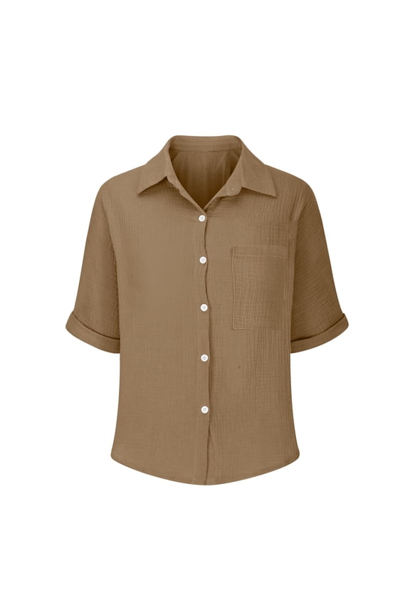 Gauze Button Down Shirts Beach Cotton Tops Button Down Gauze Topss Textured Collared Half Sleeve Top Lightweight Gauze Tops Muslin Button Down Shirt Textured Cotton Gauze Shirt Coffee S