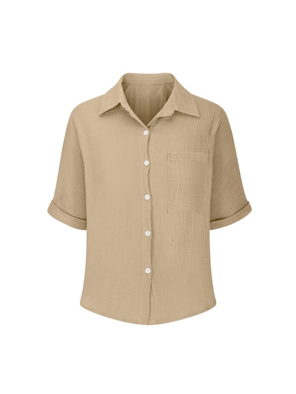 Gauze Button Down Shirts Crinkle Gauze Button Down Shirt Muslin Shirt Womens Camp Shirt Layer Wrinkled Shirts Button Down Gauze Topss Dressy Casual Gauze Shirts Camping Clothes Khaki S