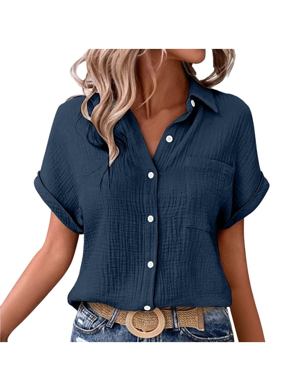 Gauze Button Down Shirts Crinkle Gauze Shirts Crinkle Gauze Button Down Shirt Womens Camp Shirt Muslin Button Down Shirt Breathable Office Shirt Button Down Dress Shirts Navy M