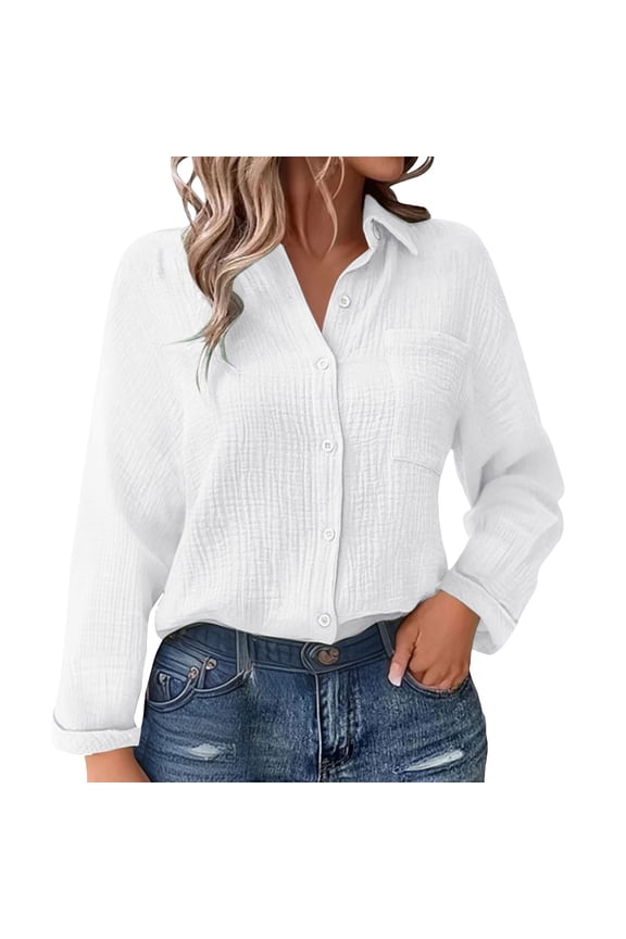Gauze Button Down Shirts Gauze Shirts for Women Lightweight Gauze Tops V Neck Cotton Tops Casual Spring Blouses Crinkle Gauze Button Down Shirt Breathable Office Shirt White S
