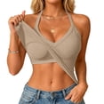 thumbnail image 1 of Sillenn Halter V Neck Tank Tops with Built-In Shelf Bra for Women Sleeveless Slim Fitted Basic Cami Shirts Cute Halter Tops Going Out Sleeveless Camisole Top Dressy Casual Bralette Tops Beige L, 1 of 7