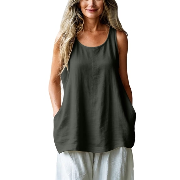 Sillenn Linen Tank Tops Flowy Scoop Neck Basic Tank Shirt Oversized Summer Casual Camisole Sleeveless Linen T Shirts Loose Lightweight Gauze Tunic Blouses Plus Size Gauze Cami Shirts Dark Gray S