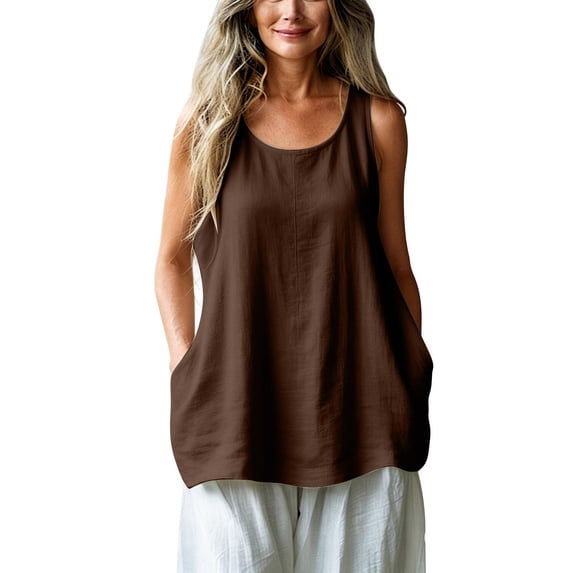 Sillenn Linen Tank Tops for Women Flowy Scoop Neck Basic Tank Shirt Oversized Summer Casual Camisole Sleeveless Linen Shirts Loose Lightweight Gauze Tunic Blouses Plus Size Gauze Cami Shirts Brown M