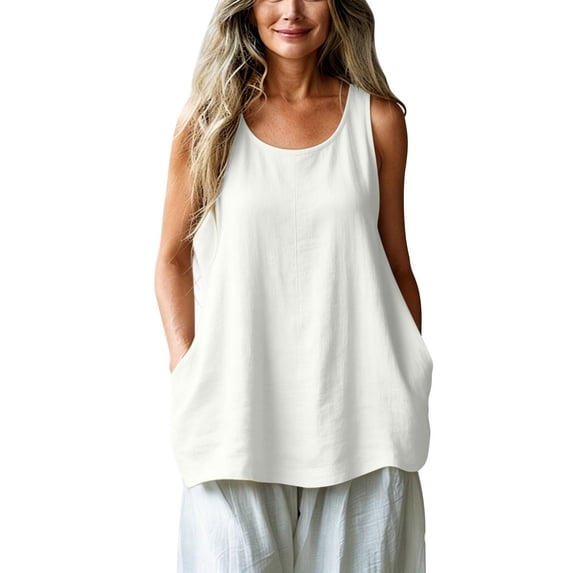 Sillenn Linen Tank Tops for Women Flowy Scoop Neck Basic Tank Shirt Oversized Summer Casual Camisole Sleeveless Linen Shirts Loose Lightweight Gauze Tunic Blouses Plus Size Gauze Cami Shirts White S