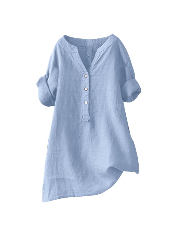 Linen Tunic Top for Women V Neck Button Gauze 3/4 Sleeve Shirts Button Down Linen Shirt V Neck Button Down Gauze Top Plus Size Long Sleeve Linen Boho Top Basic Shirts Sky Blue S