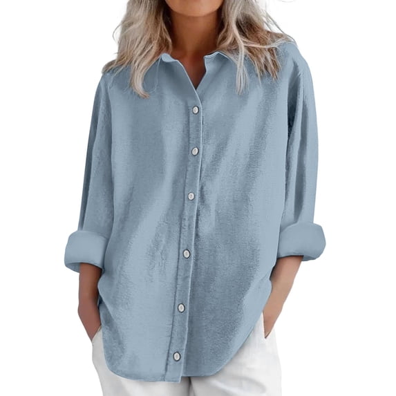 Sillenn Plus Size Button Down Collared Cotton Linen Tunic Shirts Long Sleeve Dress Shirts Casual Office Blouses Casual Collared Blouses Work Blouses Casual Loose Shirts Tunic Tops Light Blue 3Xl