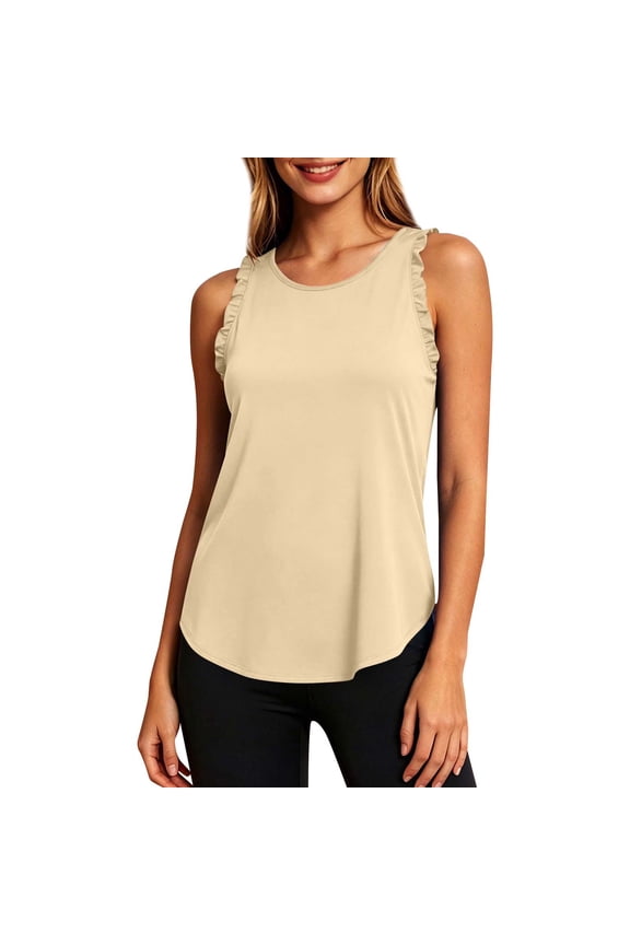 Racerback Workout Tank Tops Ruffle Sleeveless Racerback Crewneck Casual Loose Running Gym Athletic Tee Shirts Breathable Ruffle Sleeveless Athletic Running Gym Yoga Basic Shirts Beige L