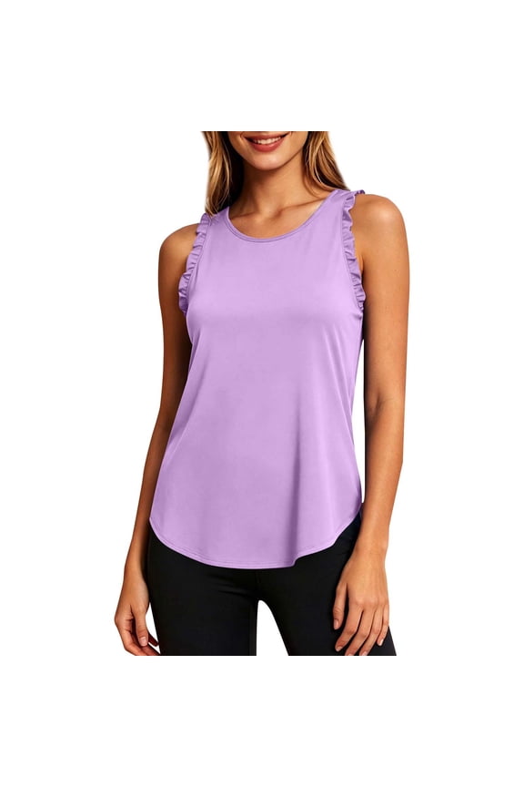 Racerback Workout Tank Tops Ruffle Sleeveless Racerback Crewneck Casual Loose Running Gym Athletic Tee Shirts Breathable Ruffle Sleeveless Athletic Running Gym Yoga Basic Shirts Purple S